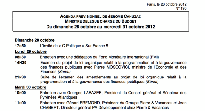 Extrait de l'agenda de Jérôme Cahuzac, alors ministre du budget. Extrait de l'agenda de Jérôme Cahuzac, alors ministre du budget.